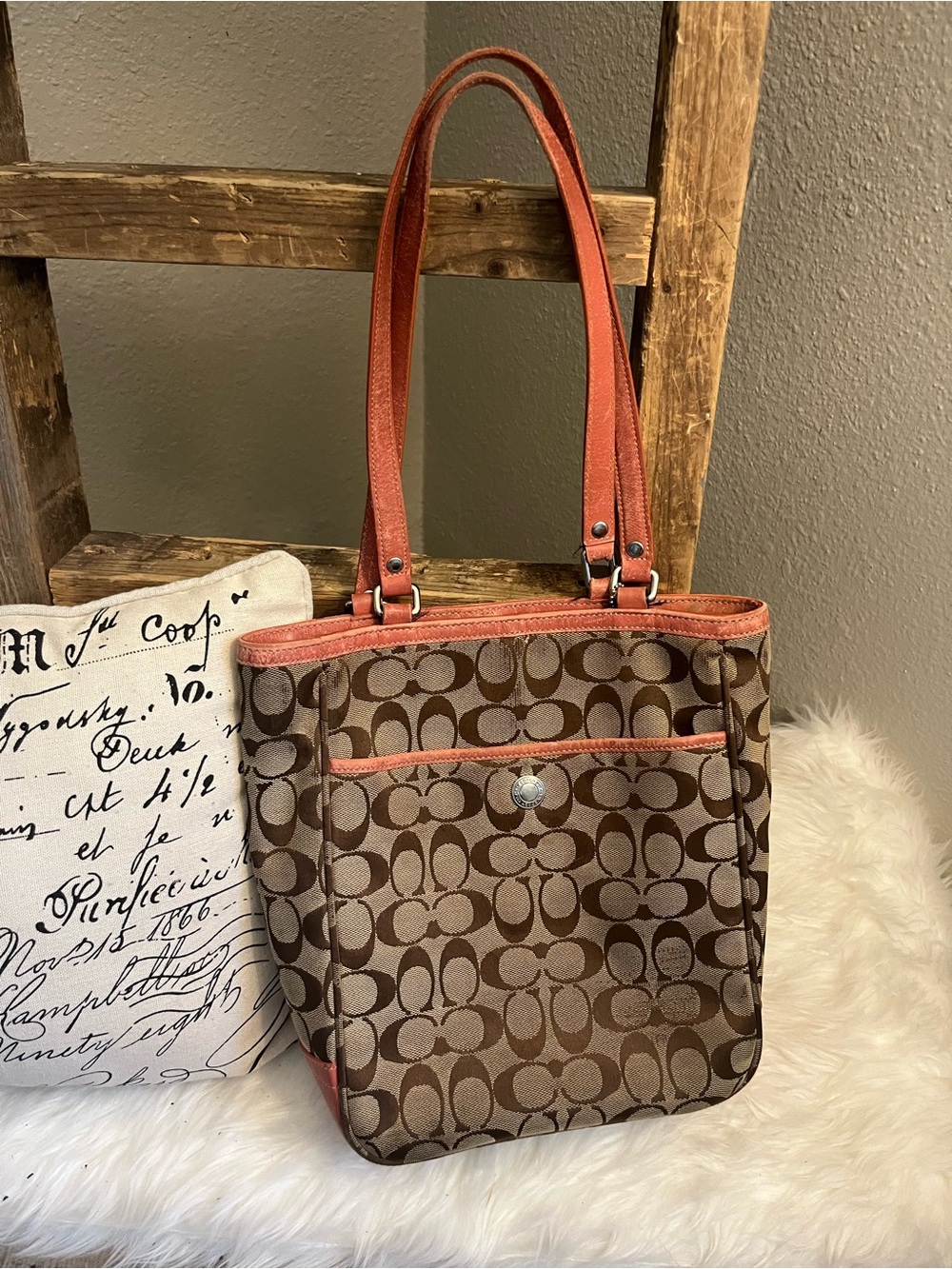 Coach Brown Signature Tote with pink  Trim and Straps
